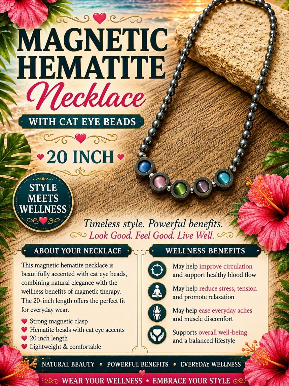 22.  Magnetic Hematite Necklace with Multicolor Cat Eye Accents — 20 Inch
